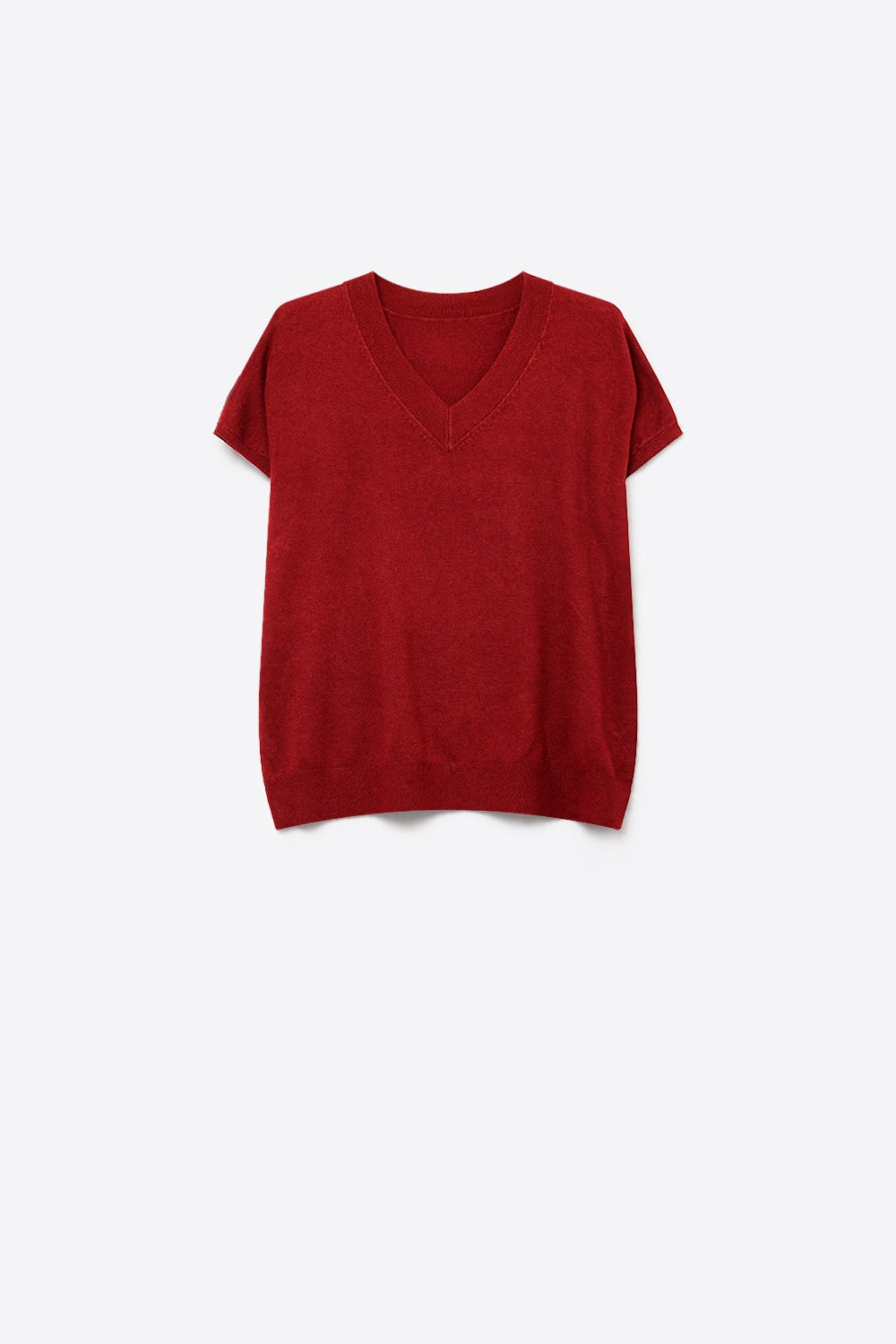 Burgundy Fine-Knit V-Neck Sweater with Short Dolman Drop-Shoulder Sleeves - Tops