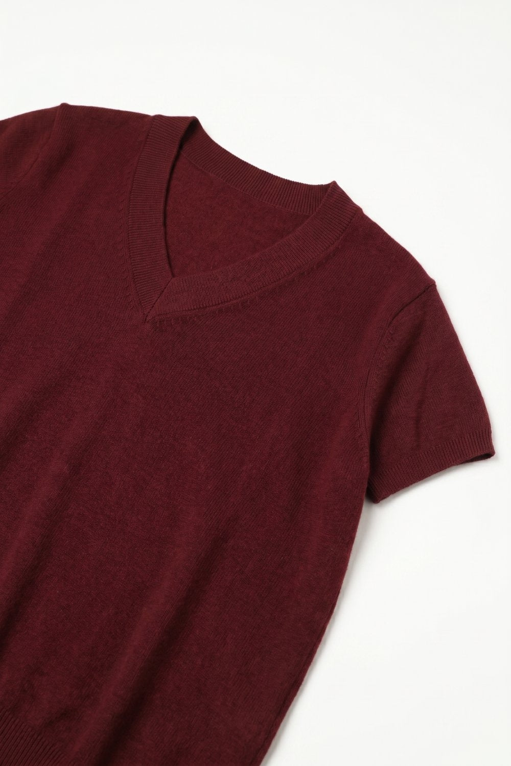 Burgundy Fine-Knit V-Neck Sweater with Short Dolman Drop-Shoulder Sleeves - Tops