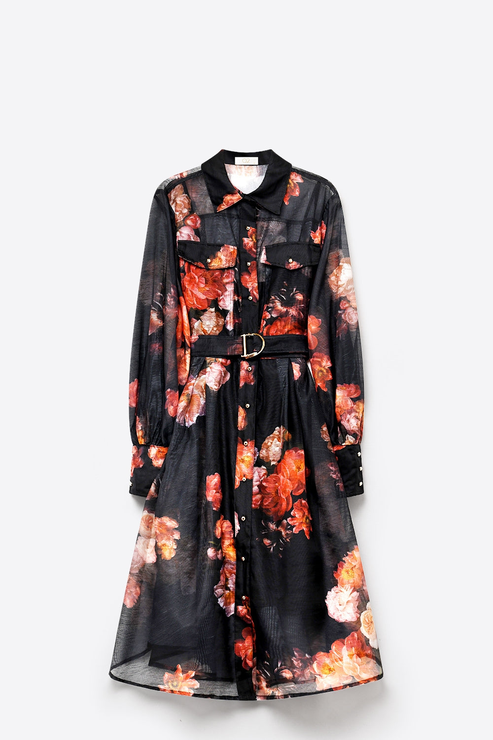 Black Floral Print Sheer Belted Midi Shirt Dress Long Sleeves - dress