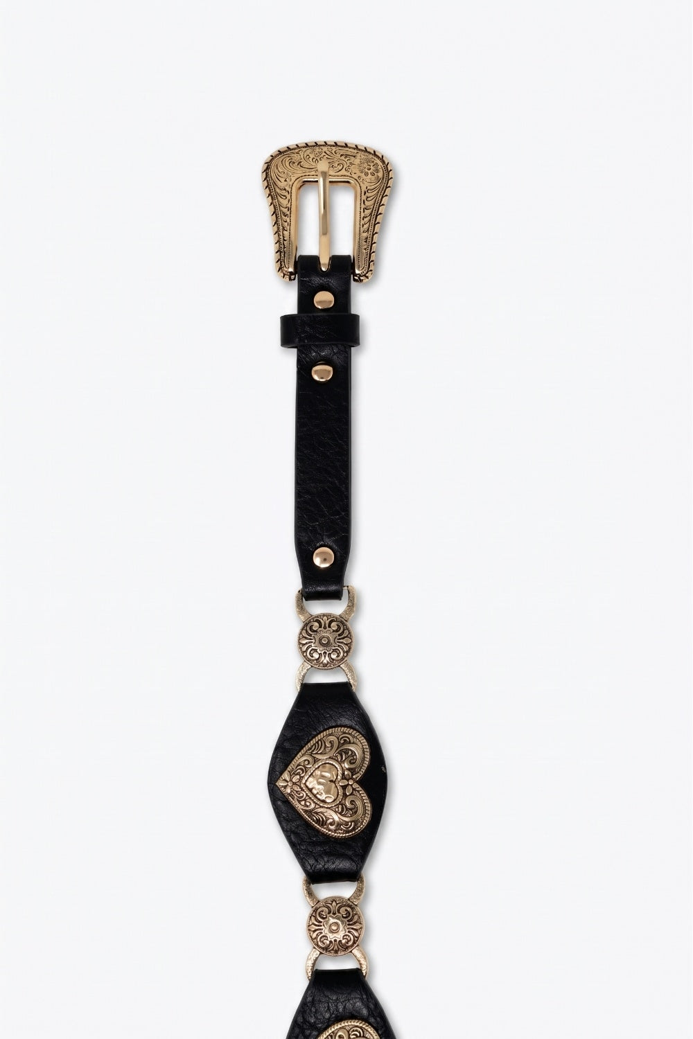 Black Faux Leather Heart Embellished Western Buckle Detail Belt