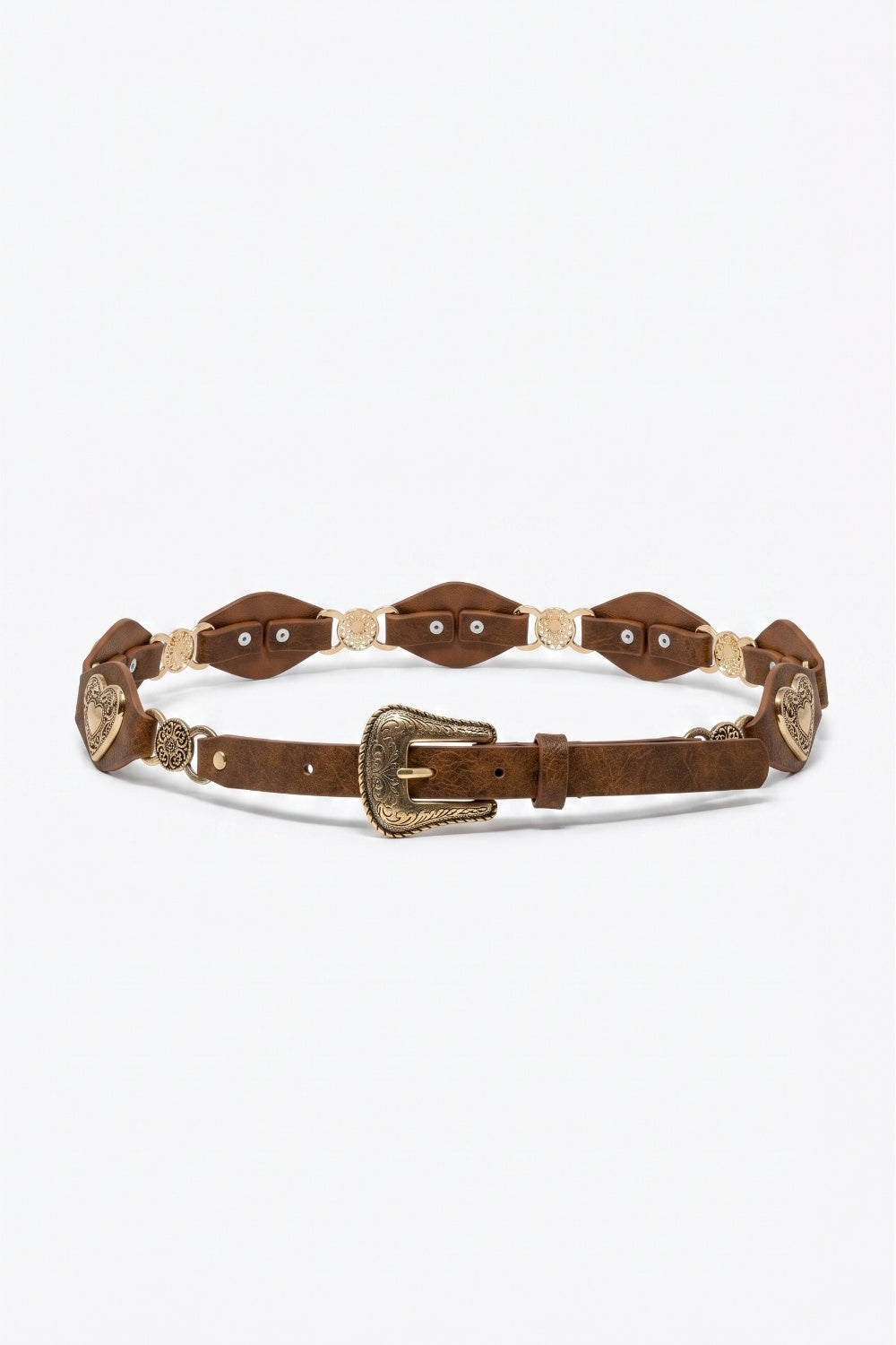 Brown Faux Leather Gold Heart Buckle Western Detail Belt
