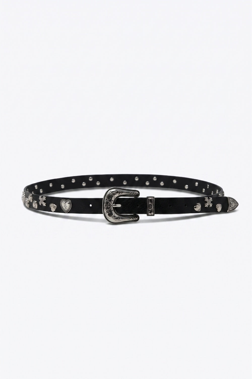 Black Faux Leather Metal Studded Silver Buckle Western Belt - Belts