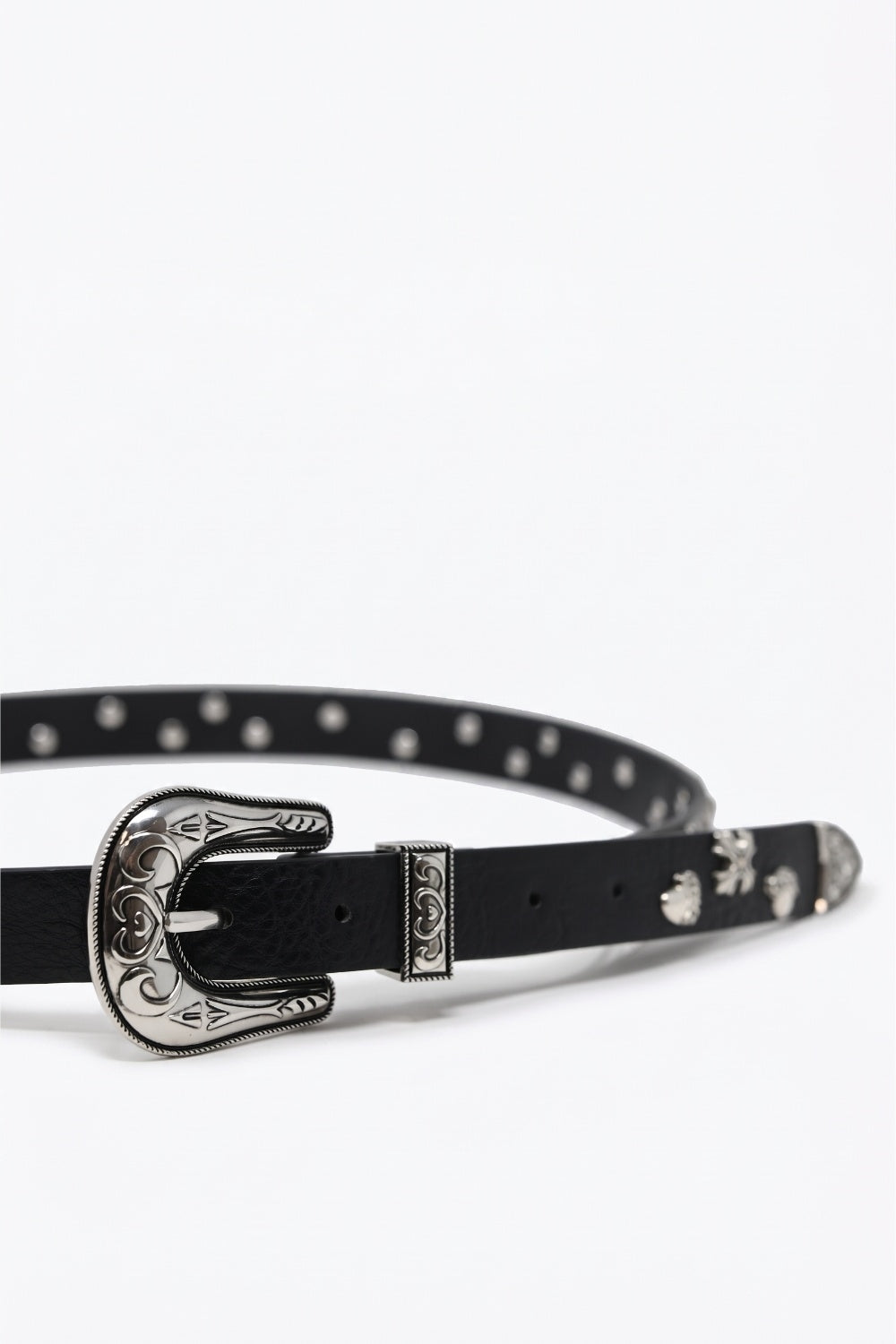 Black Faux Leather Metal Studded Silver Buckle Western Belt - Belts