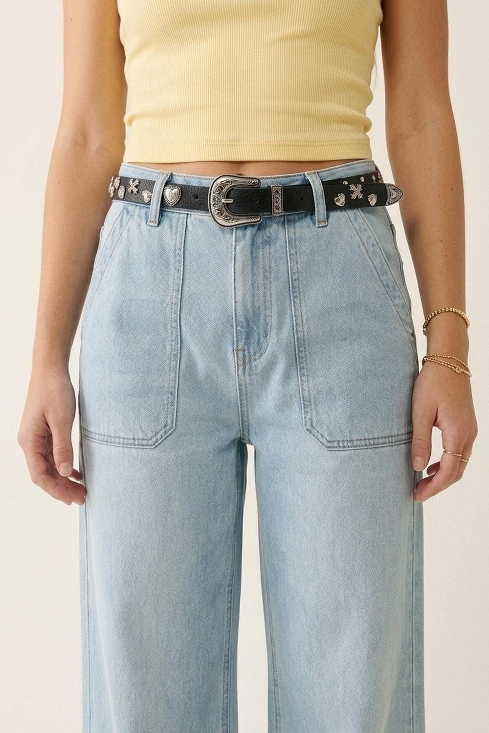 Black Faux Leather Metal Studded Silver Buckle Western Belt - Belts