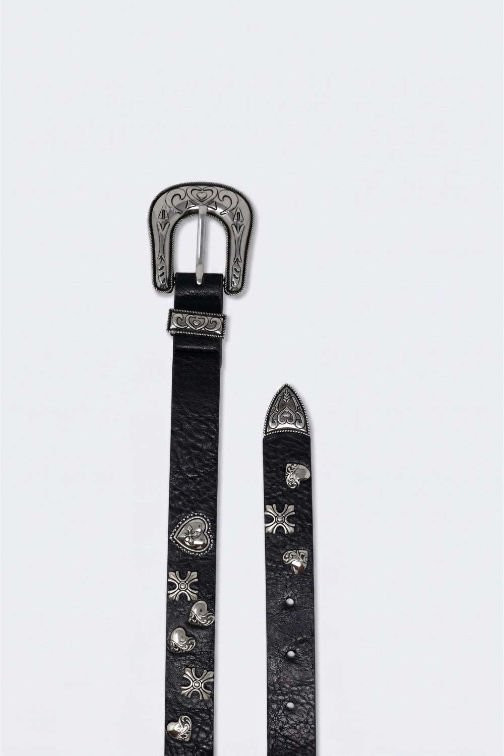 Black Faux Leather Metal Studded Silver Buckle Western Belt - Belts