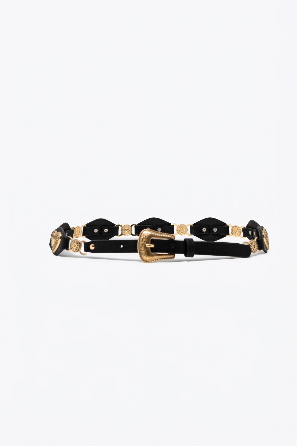 Black Faux Leather Heart Embellished Western Buckle Detail Belt