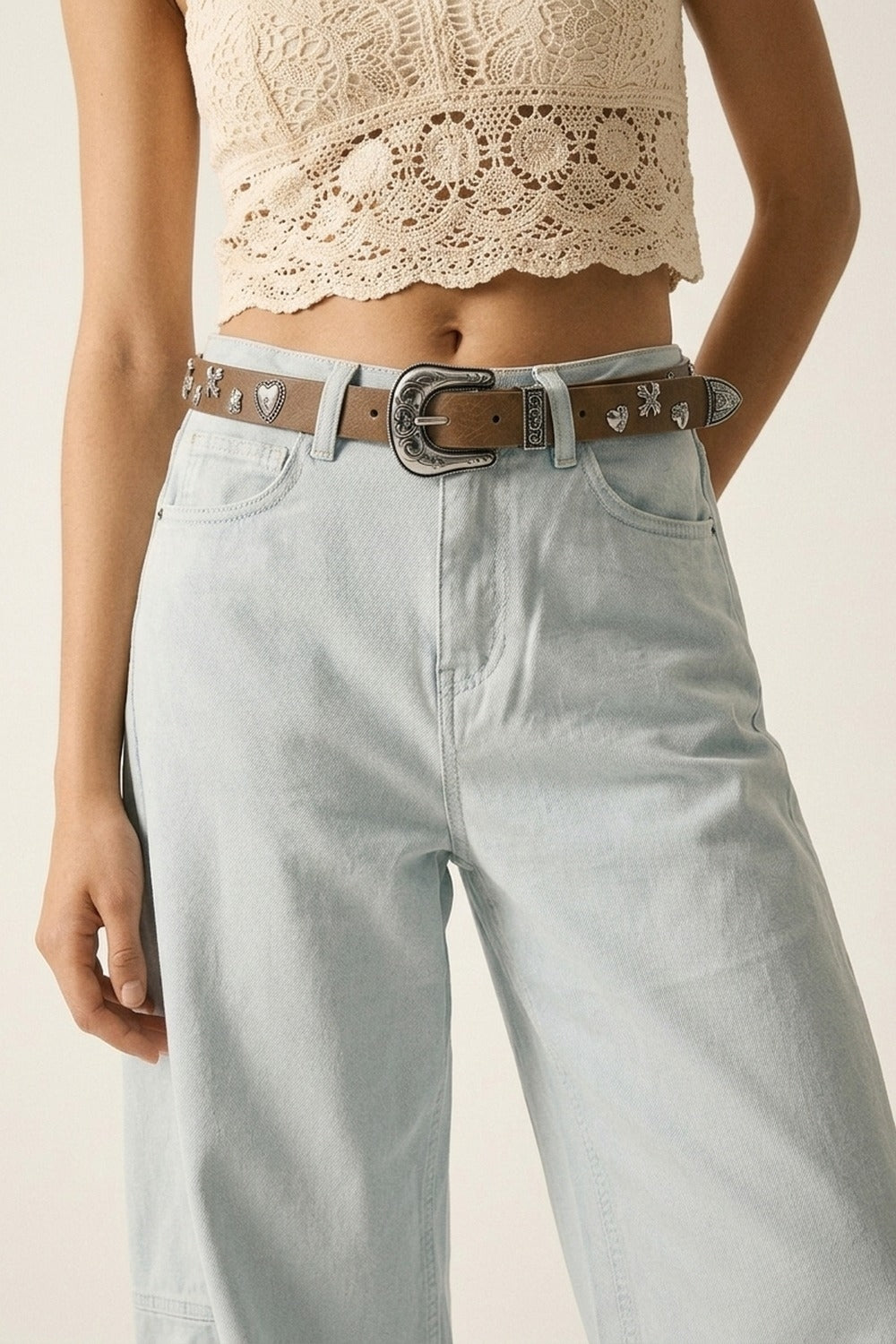 Camel Faux Leather Western Buckle Silver Stud Trim Belt
