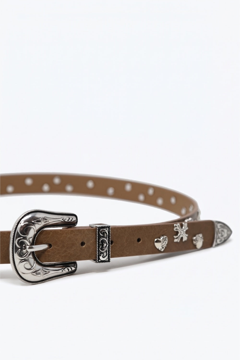 Camel Faux Leather Western Buckle Silver Stud Trim Belt