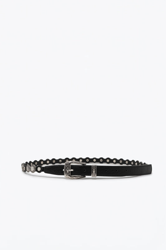 Black Faux Leather Eyelet Studded Slim Western Buckle Belt - Belts