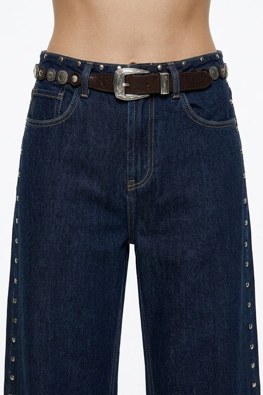 Brown Faux Leather Grommet Studded Western Buckle Slim Belt - Belts