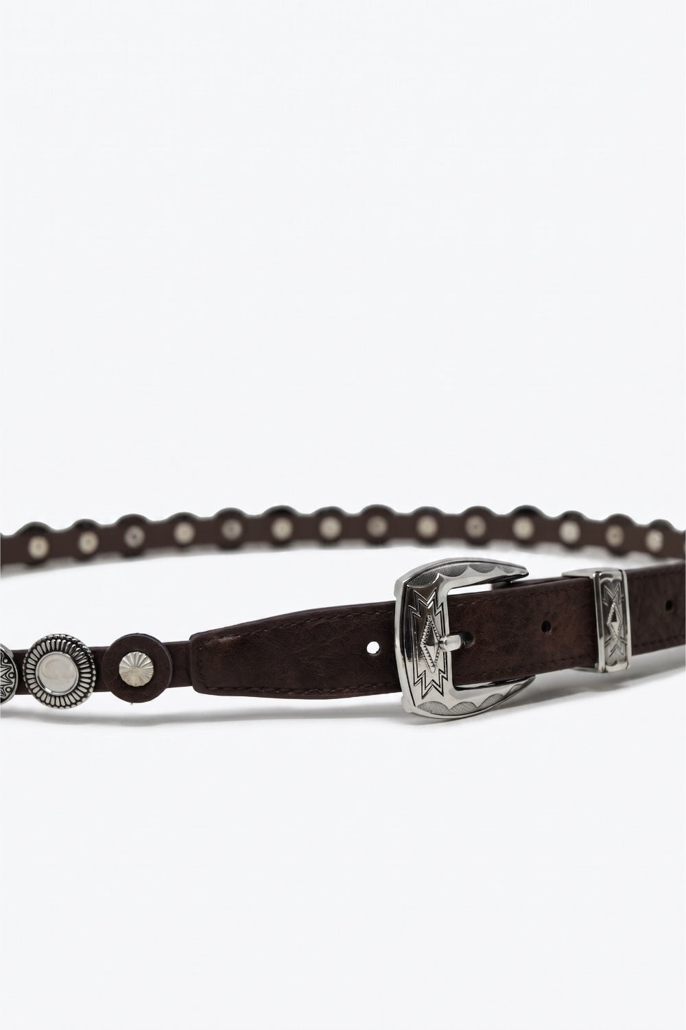 Brown Faux Leather Grommet Studded Western Buckle Slim Belt - Belts