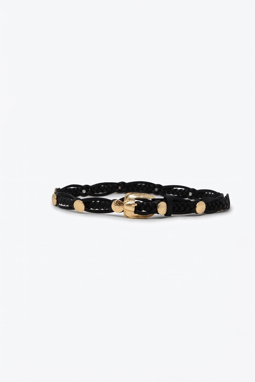 Black Braided Faux Leather Gold Buckle Stud Detail Belt