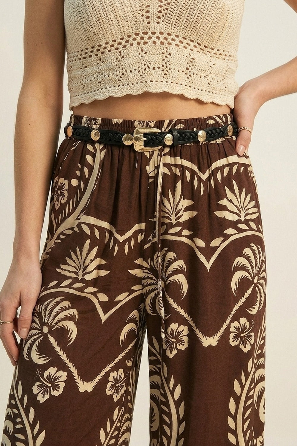 Black Braided Faux Leather Gold Buckle Stud Detail Belt