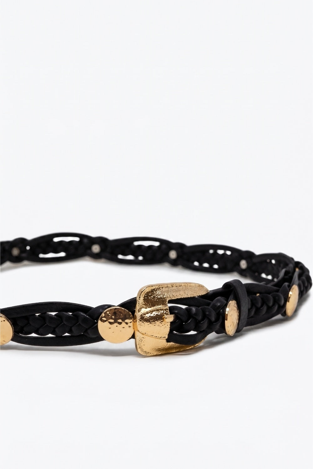 Black Braided Faux Leather Gold Buckle Stud Detail Belt