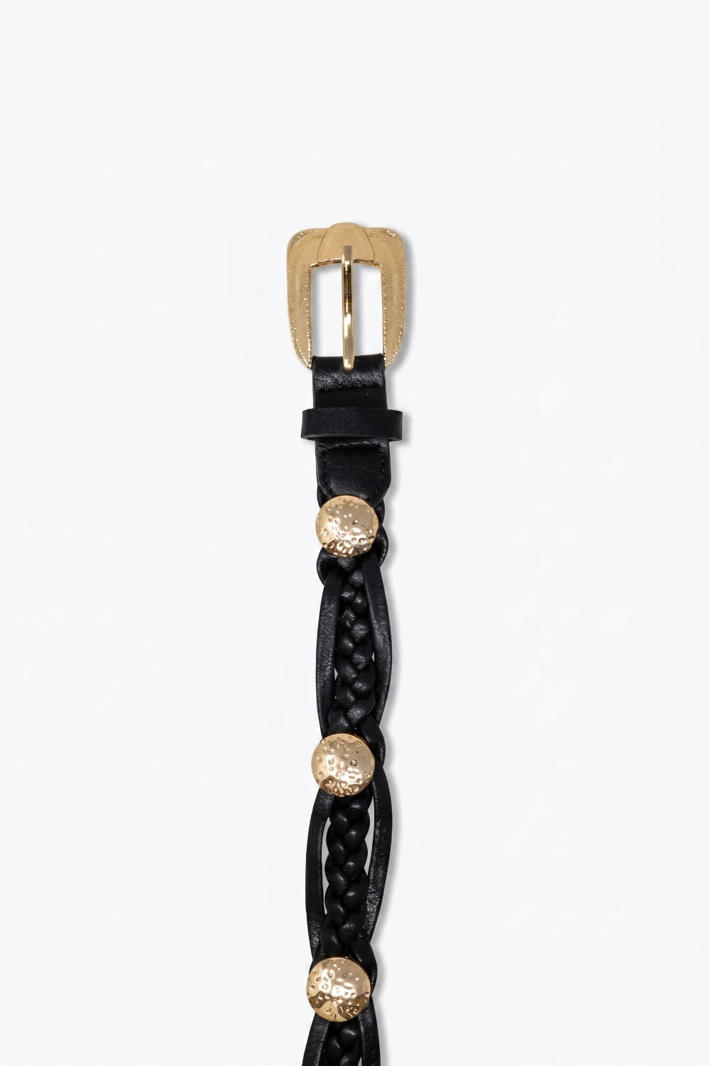 Black Braided Faux Leather Gold Buckle Stud Detail Belt