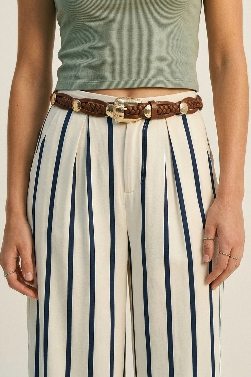 Brown Braided Faux Leather Gold Buckle Detail Waist Belt