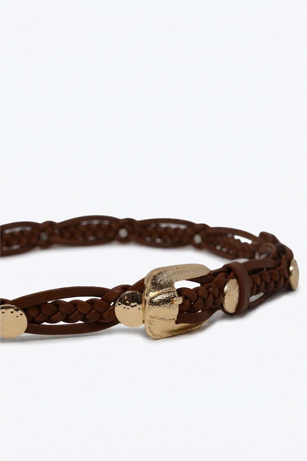 Brown Braided Faux Leather Gold Buckle Detail Waist Belt