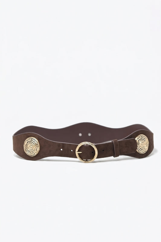 Brown Faux Suede Gold Rosette Buckle Detail Waist Belt - Belts