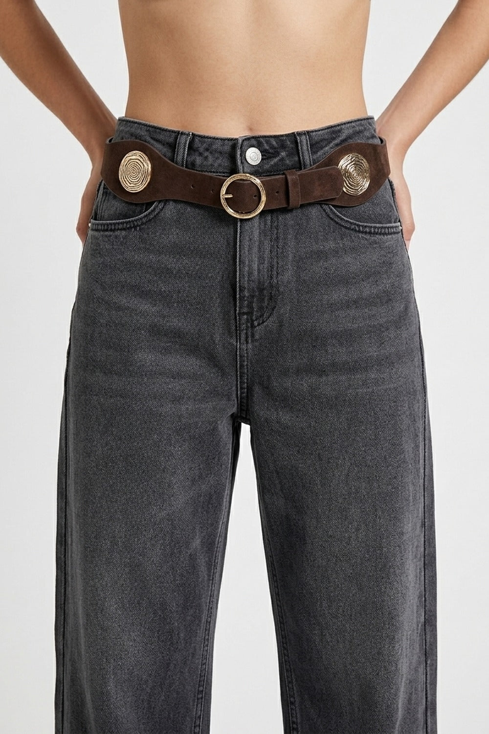Brown Faux Suede Gold Rosette Buckle Detail Waist Belt - Belts