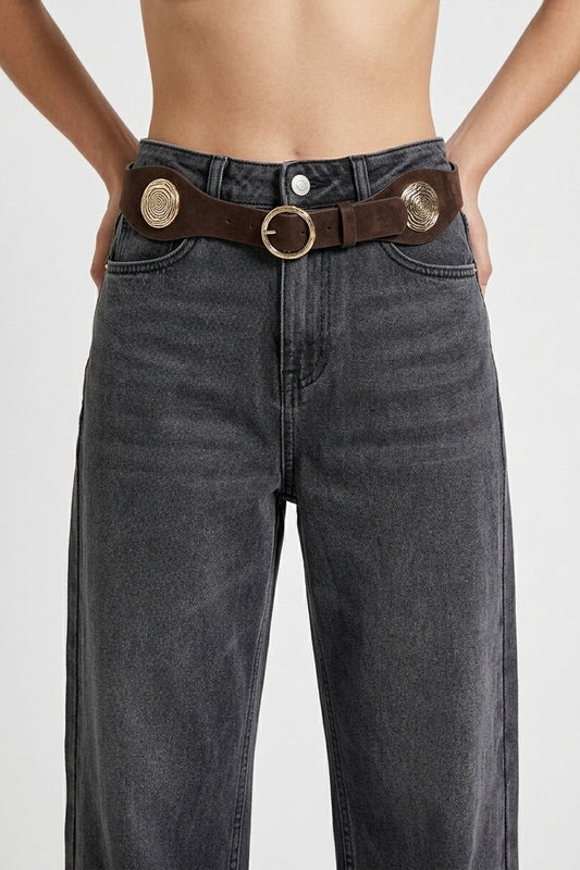 Brown Faux Suede Gold Rosette Buckle Detail Waist Belt - Belts