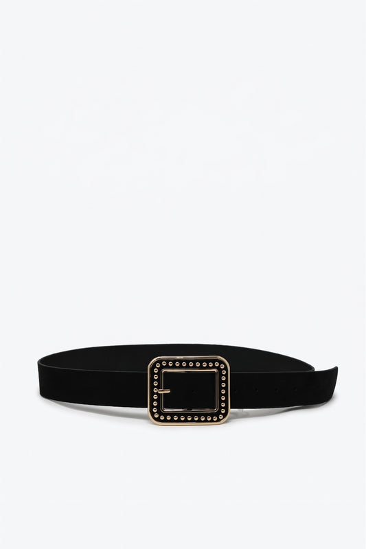 Black Faux Leather Studded Square Buckle Waist Belt - Belts