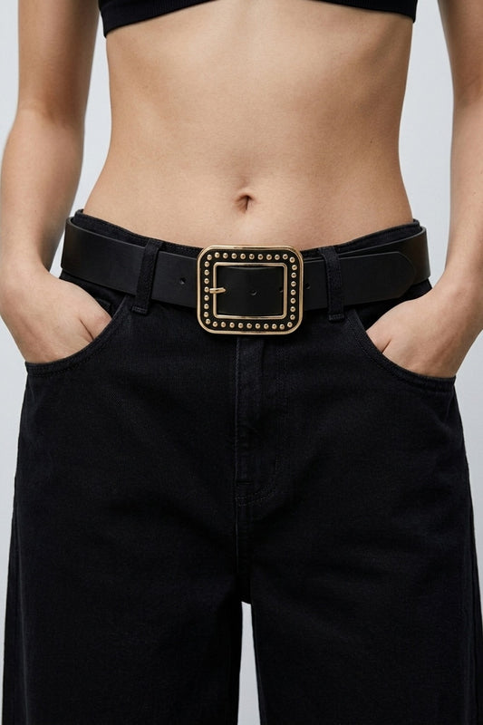 Black Faux Leather Studded Square Buckle Waist Belt - Belts