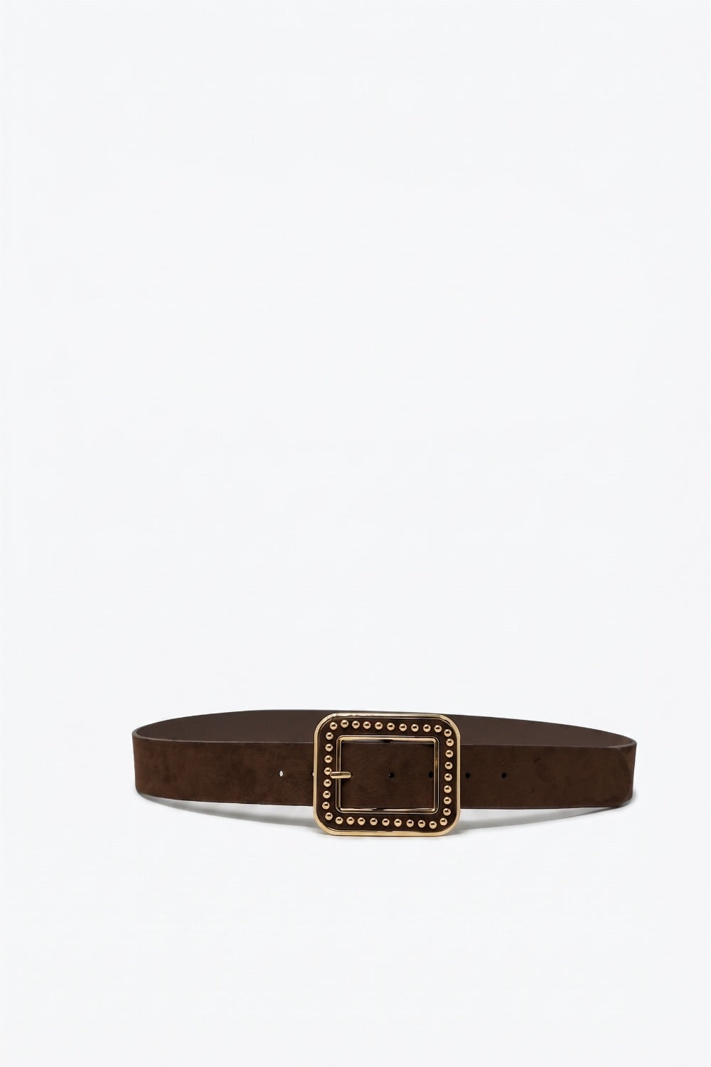 Brown Suede Finish Gold Studded Square Buckle Waist Belt