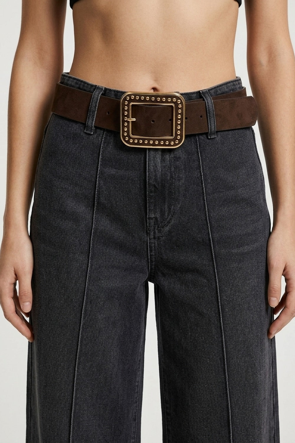 Brown Suede Finish Gold Studded Square Buckle Waist Belt