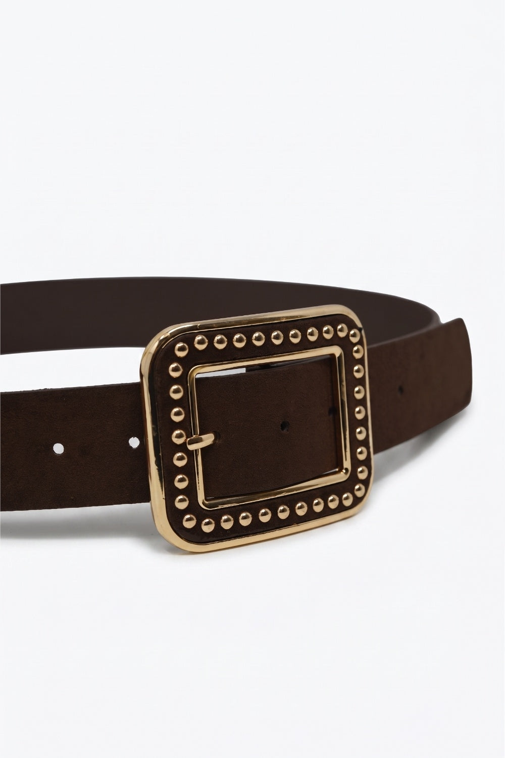 Brown Suede Finish Gold Studded Square Buckle Waist Belt
