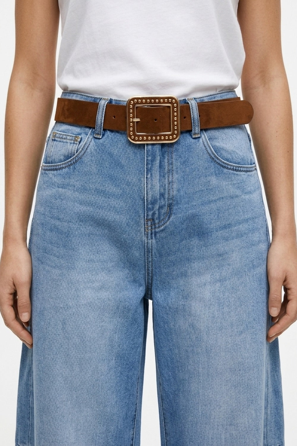 Camel Faux Leather Studded Square Buckle Wide Belt - Belts