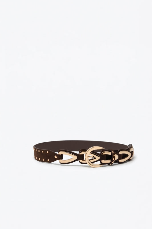 Choco Faux Leather Gold Buckle Studded Detail Waist Belt - Belts