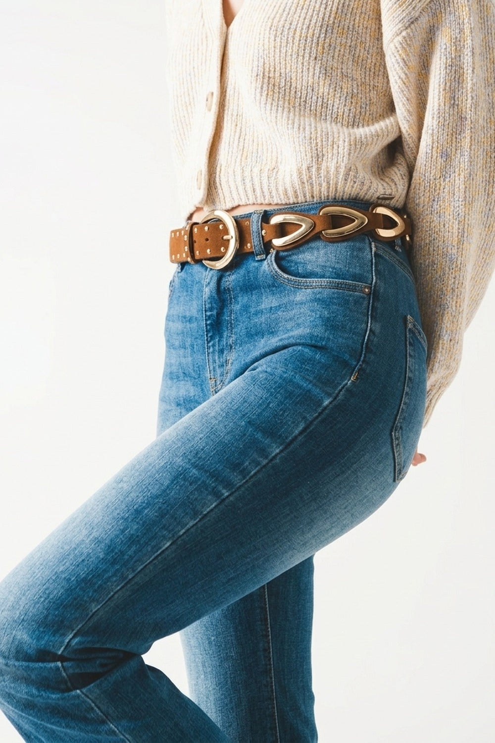 Brown Faux Leather Studded Western Buckle Detail Waist Belt