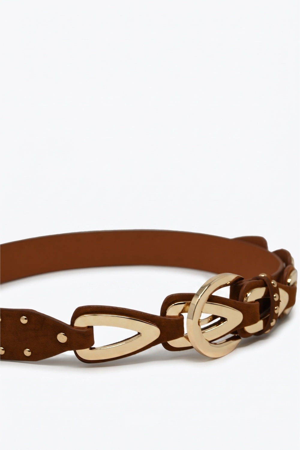 Brown Faux Leather Studded Western Buckle Detail Waist Belt