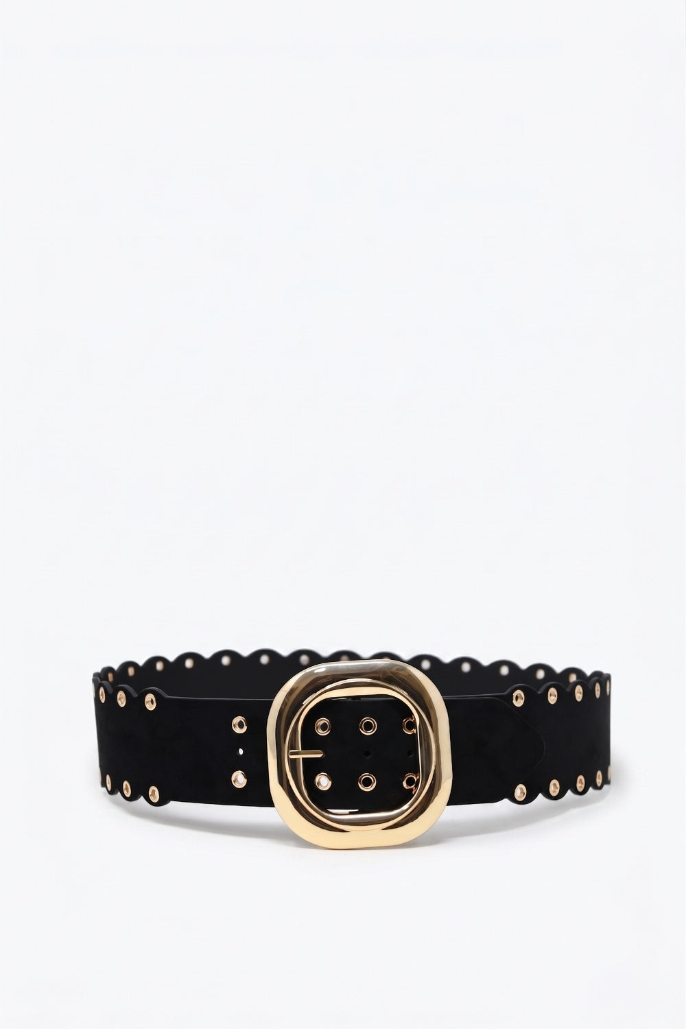 Black Faux Leather Gold Buckle Eyelet Scallop Edge Belt