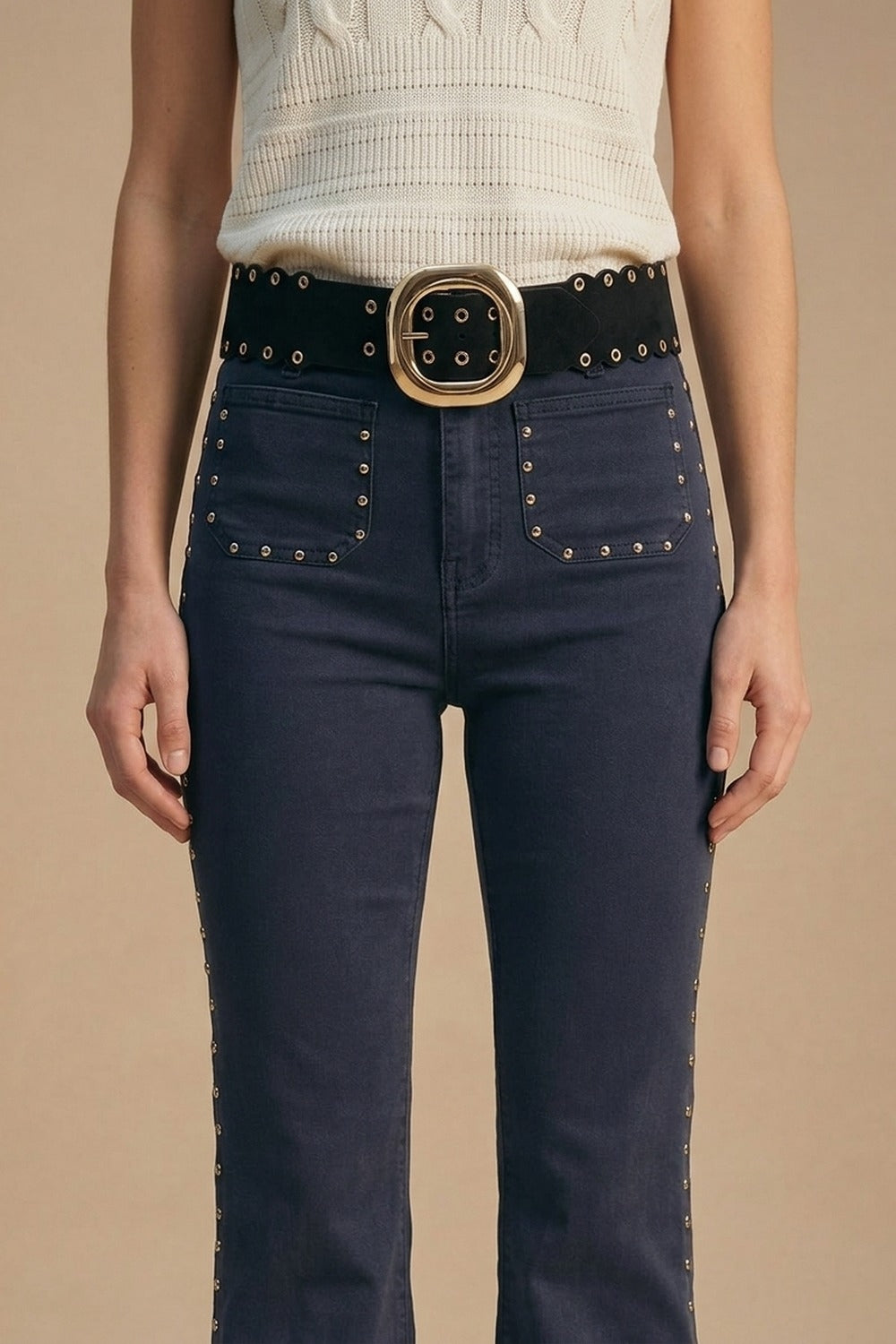 Black Faux Leather Gold Buckle Eyelet Scallop Edge Belt