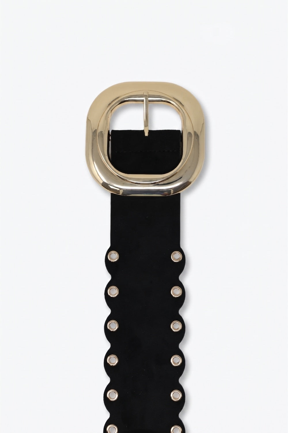 Black Faux Leather Gold Buckle Eyelet Scallop Edge Belt