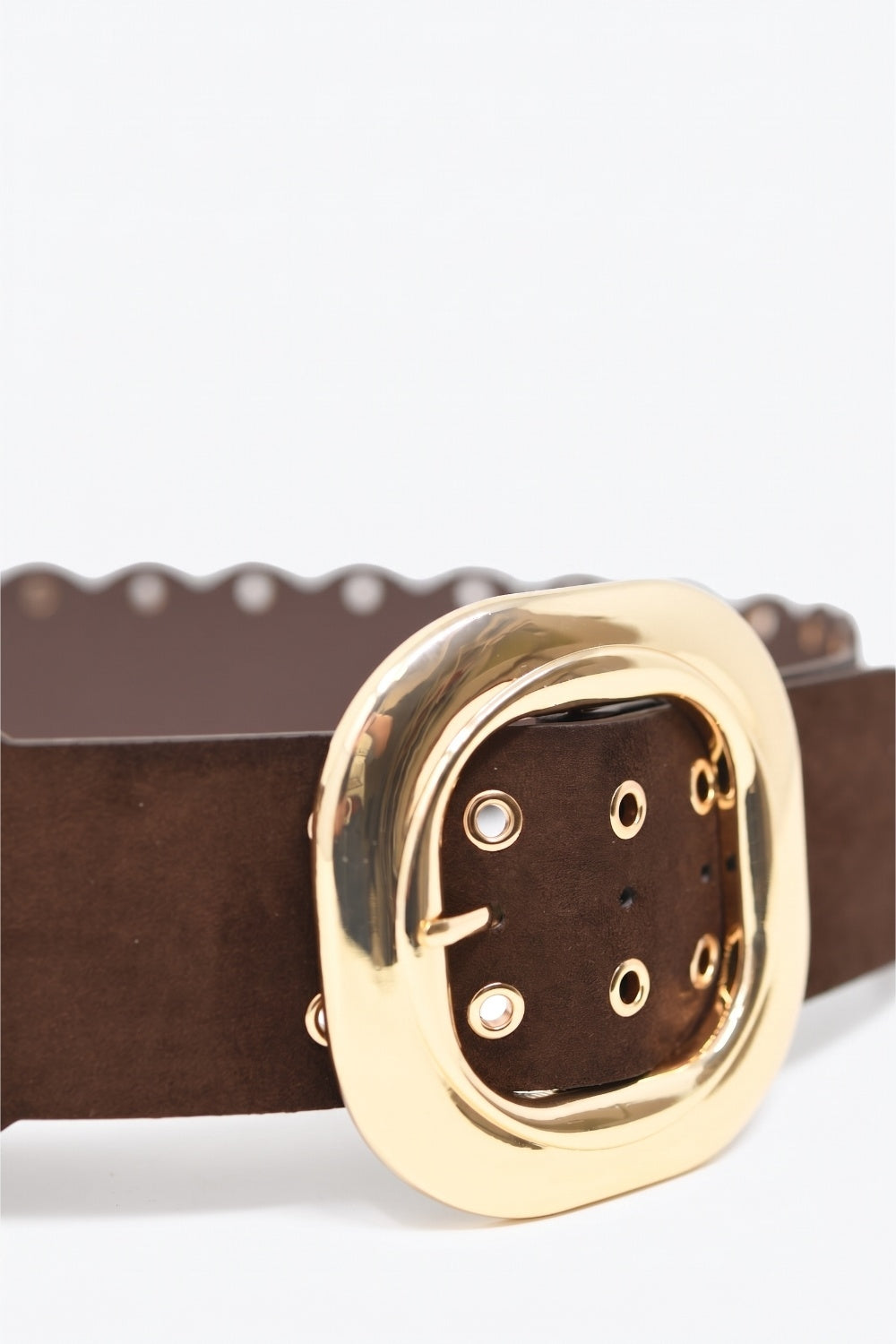 Choco Suede Scallop Edge Gold Buckle Grommet Detail Belt - Belts