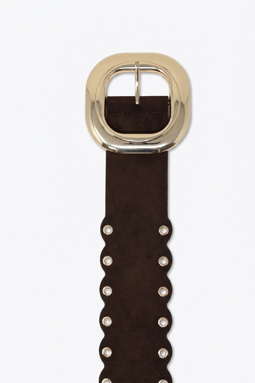 Choco Suede Scallop Edge Gold Buckle Grommet Detail Belt - Belts