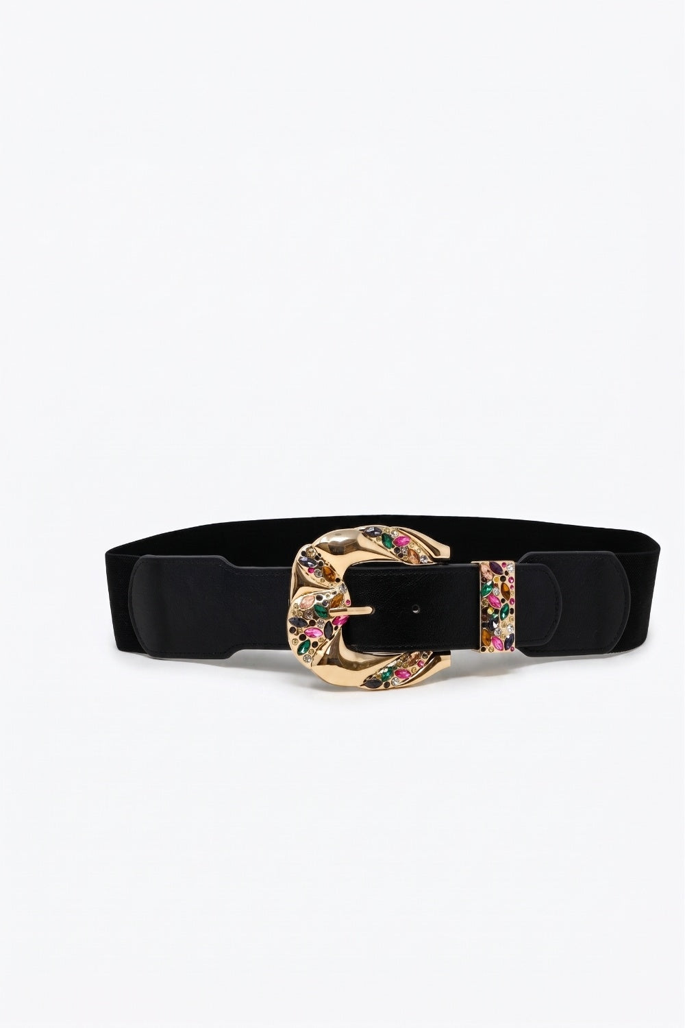 Black Faux Leather Embellished Gold Buckle Wide Waist Belt - Belts
