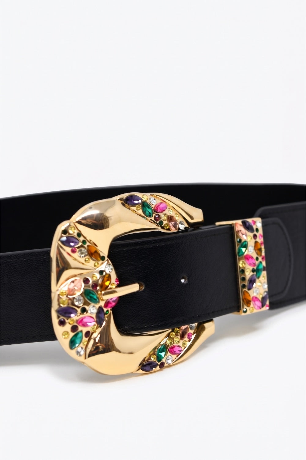 Black Faux Leather Embellished Gold Buckle Wide Waist Belt - Belts