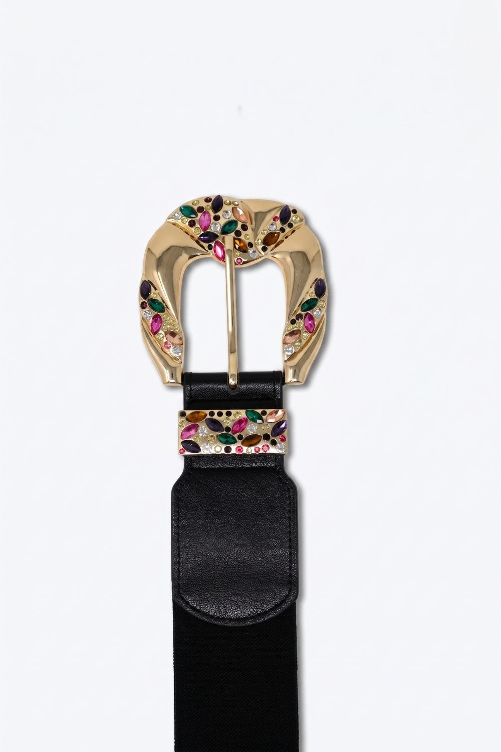 Black Faux Leather Embellished Gold Buckle Wide Waist Belt - Belts