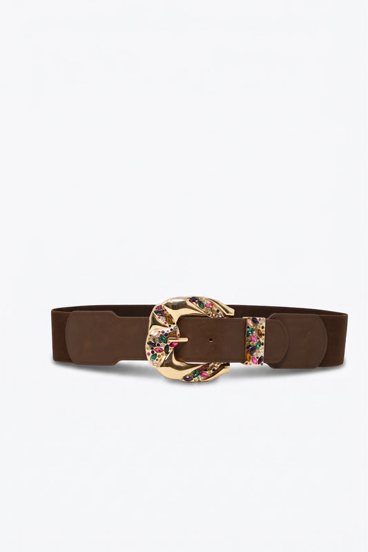 Choco Faux Leather Gold Floral Buckle Wide Waist Belt - Belts