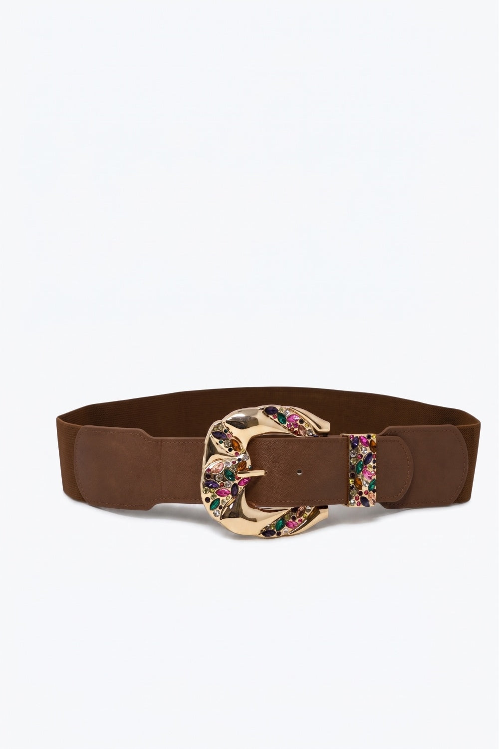 Brown Faux Leather Gold Multicolor Embellished Buckle Wide Belt