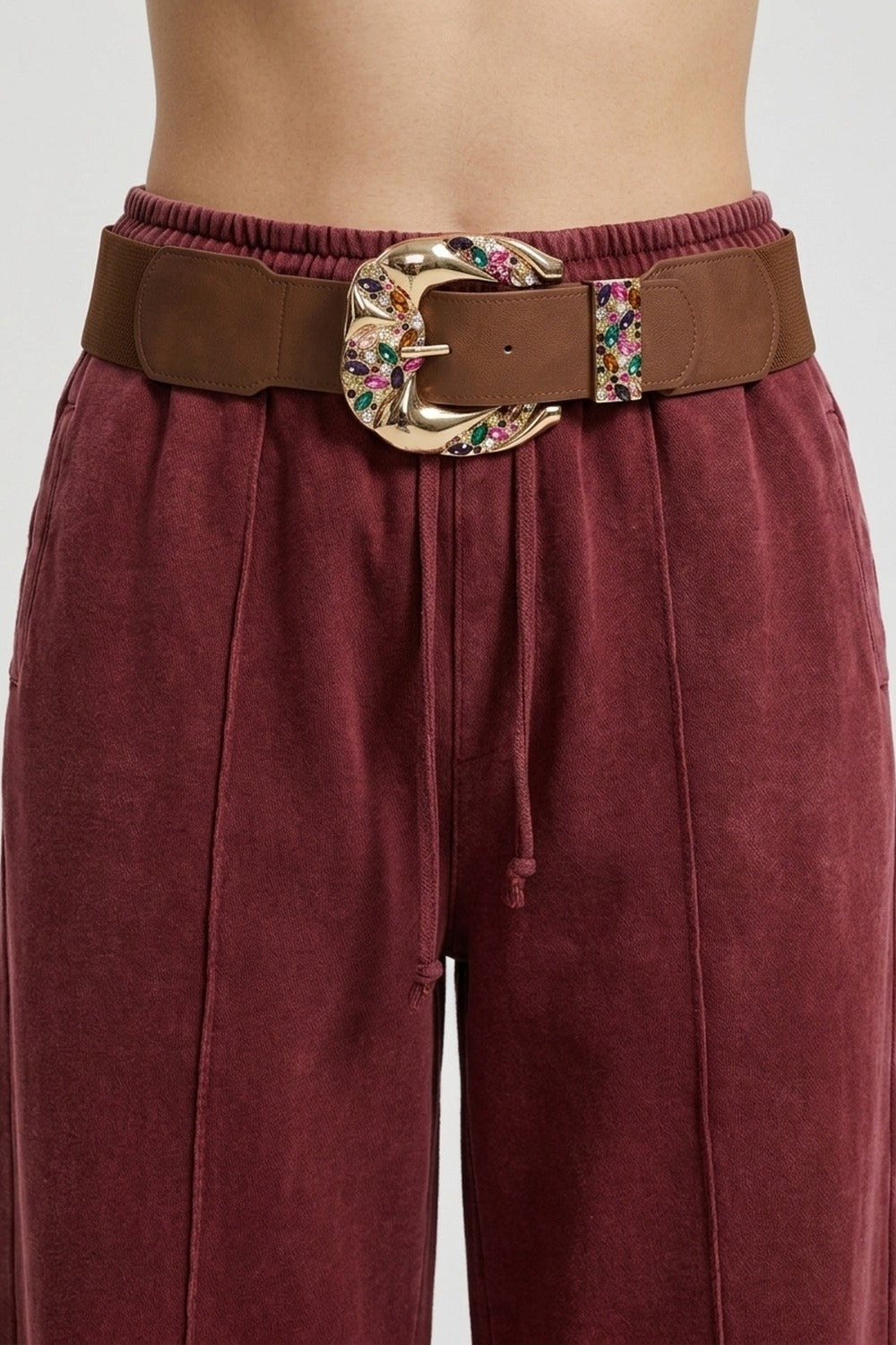 Brown Faux Leather Gold Multicolor Embellished Buckle Wide Belt