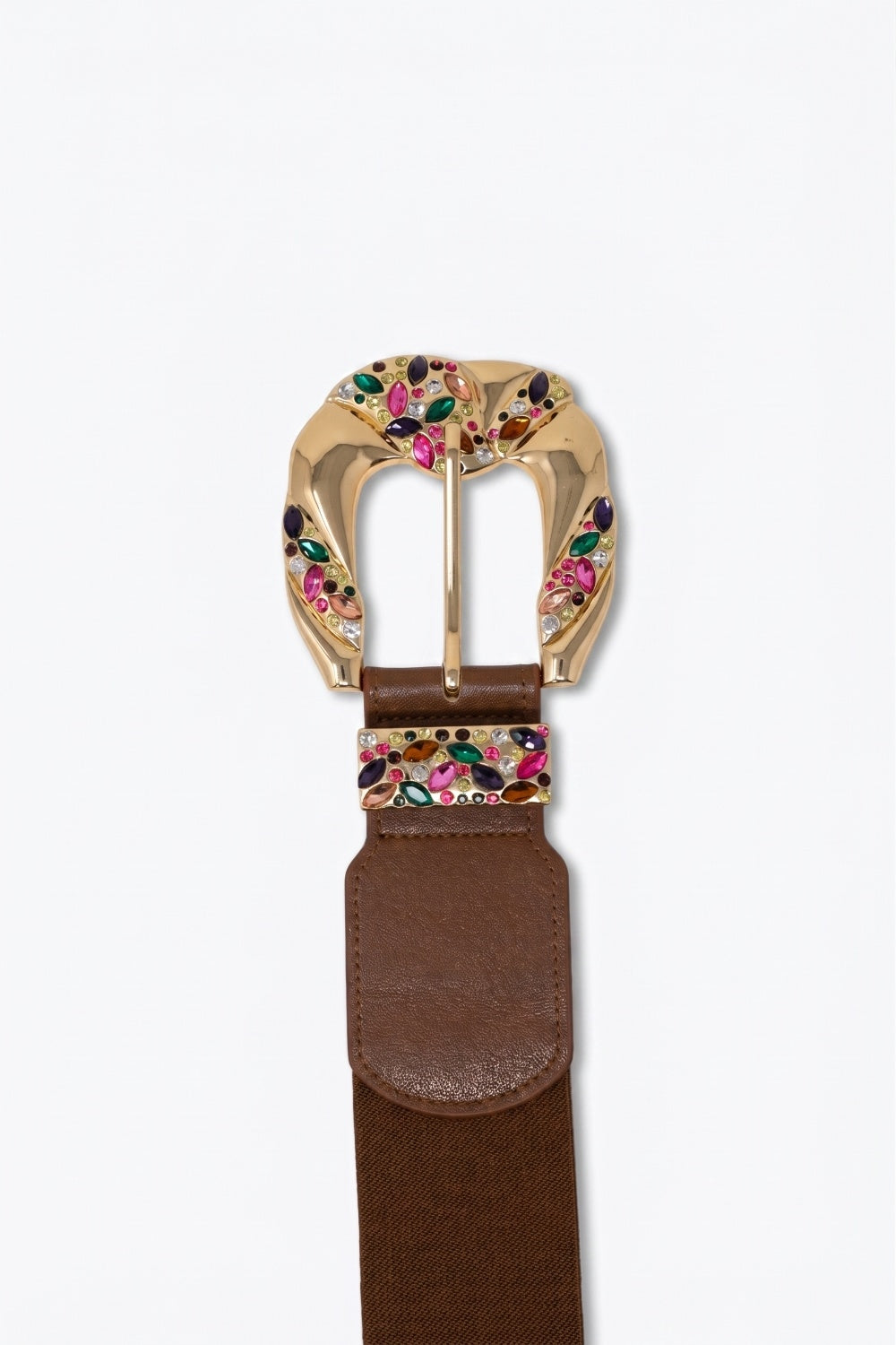 Brown Faux Leather Gold Multicolor Embellished Buckle Wide Belt