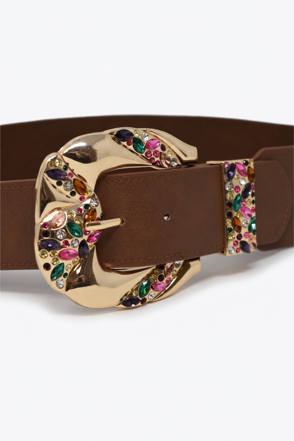 Brown Faux Leather Gold Multicolor Embellished Buckle Wide Belt