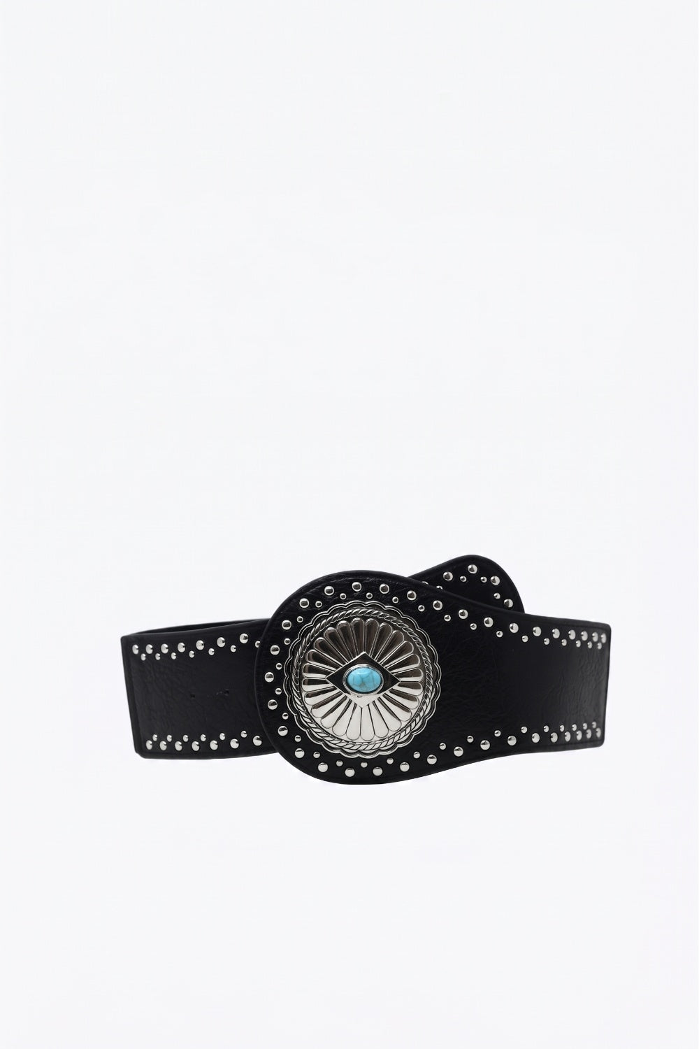Black Faux Leather Silver Studded Turquoise Concho Wide Belt - Belts
