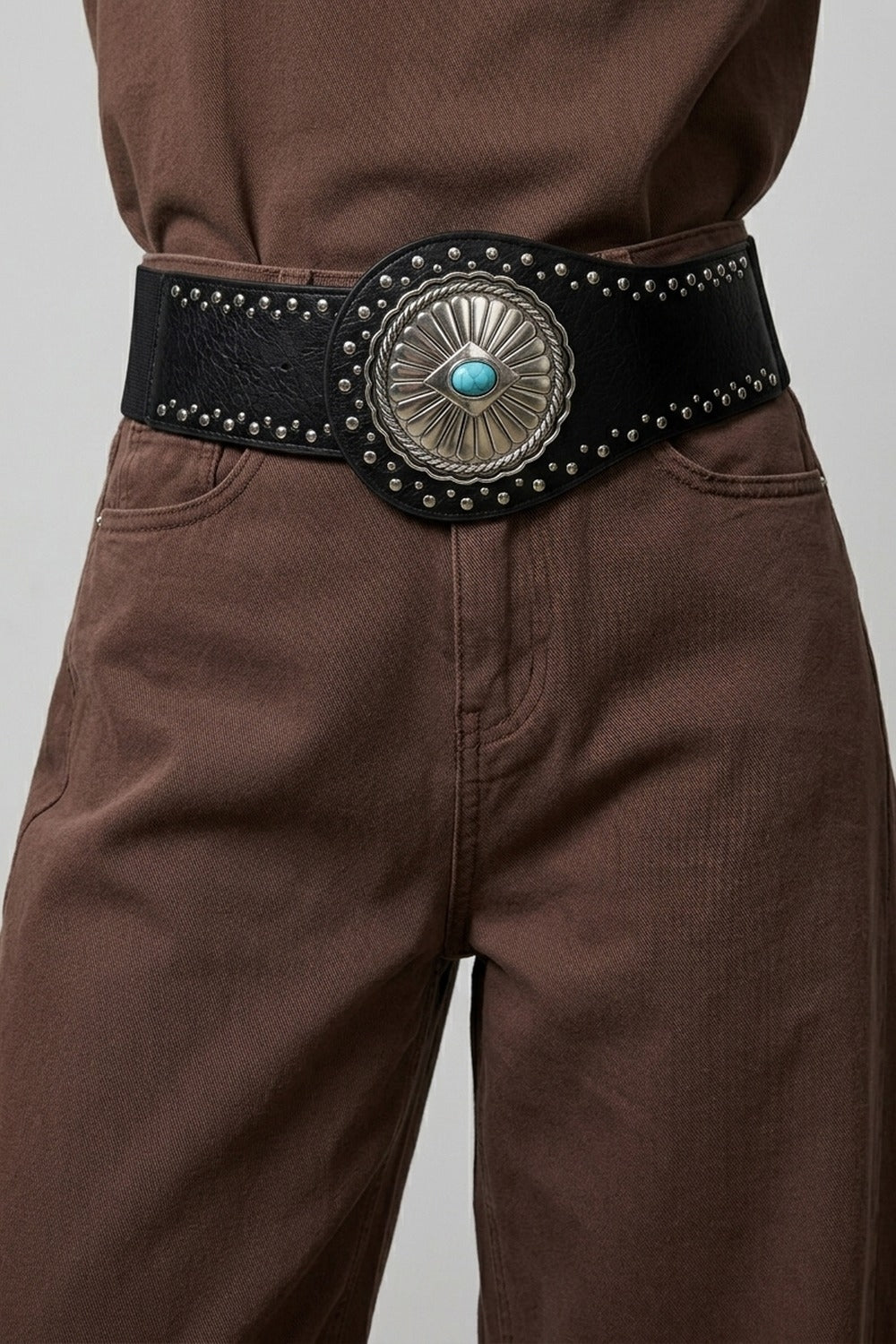 Black Faux Leather Silver Studded Turquoise Concho Wide Belt - Belts