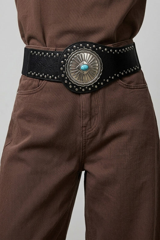 Black Faux Leather Silver Studded Turquoise Concho Wide Belt - Belts