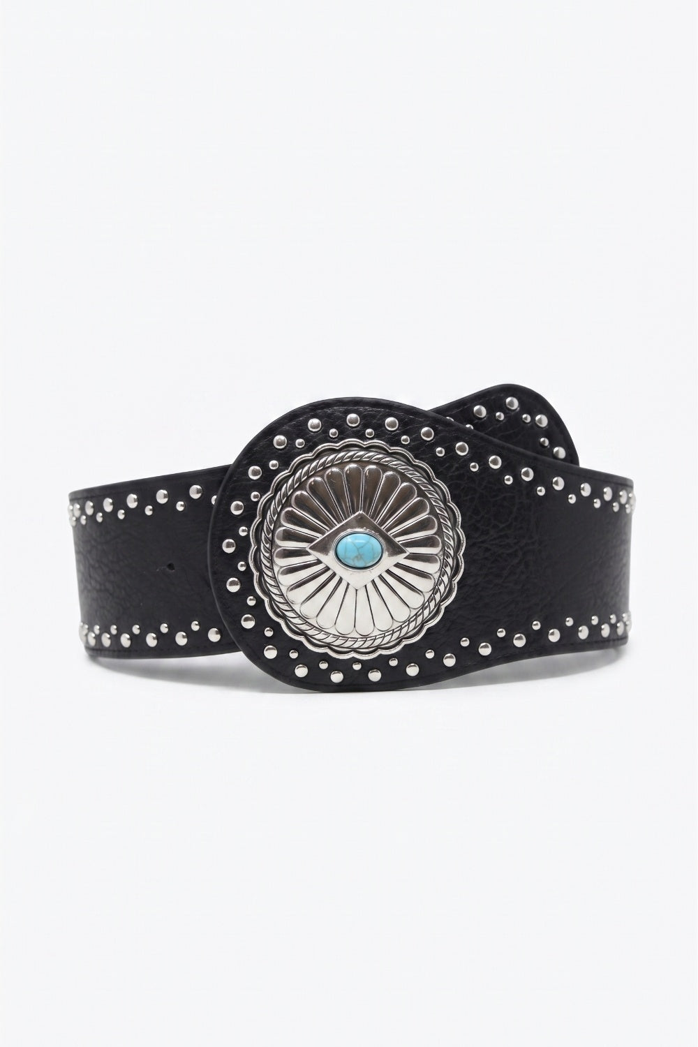 Black Faux Leather Silver Studded Turquoise Concho Wide Belt - Belts